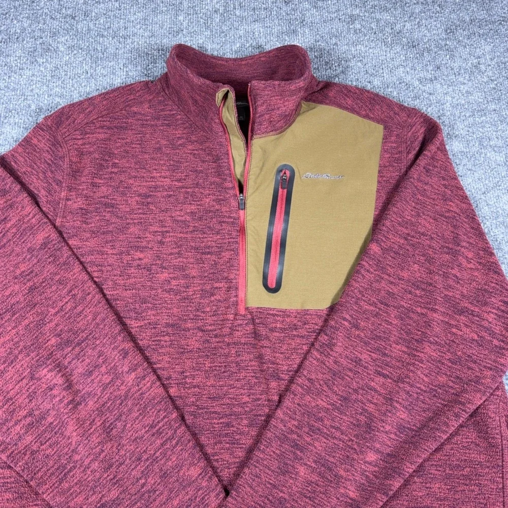 Eddie Bauer Mens XL Quarter Zip Pullover Fleece Burgundy Heather Chest Pocket
